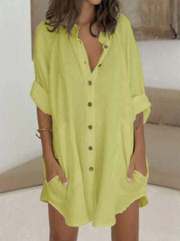 Woochic mi-longue blouse robe en lin boutonnage avec poches femme casual ample Buff S